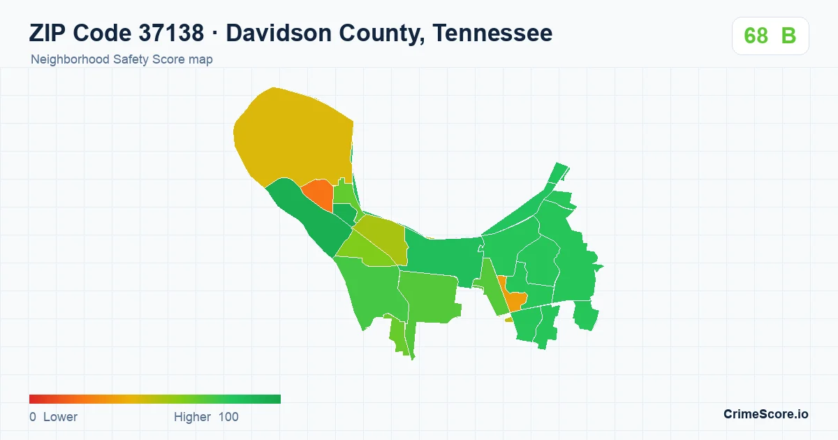 ZIP Code 37138 in Davidson County, Tennessee neighborhood Safety Score map