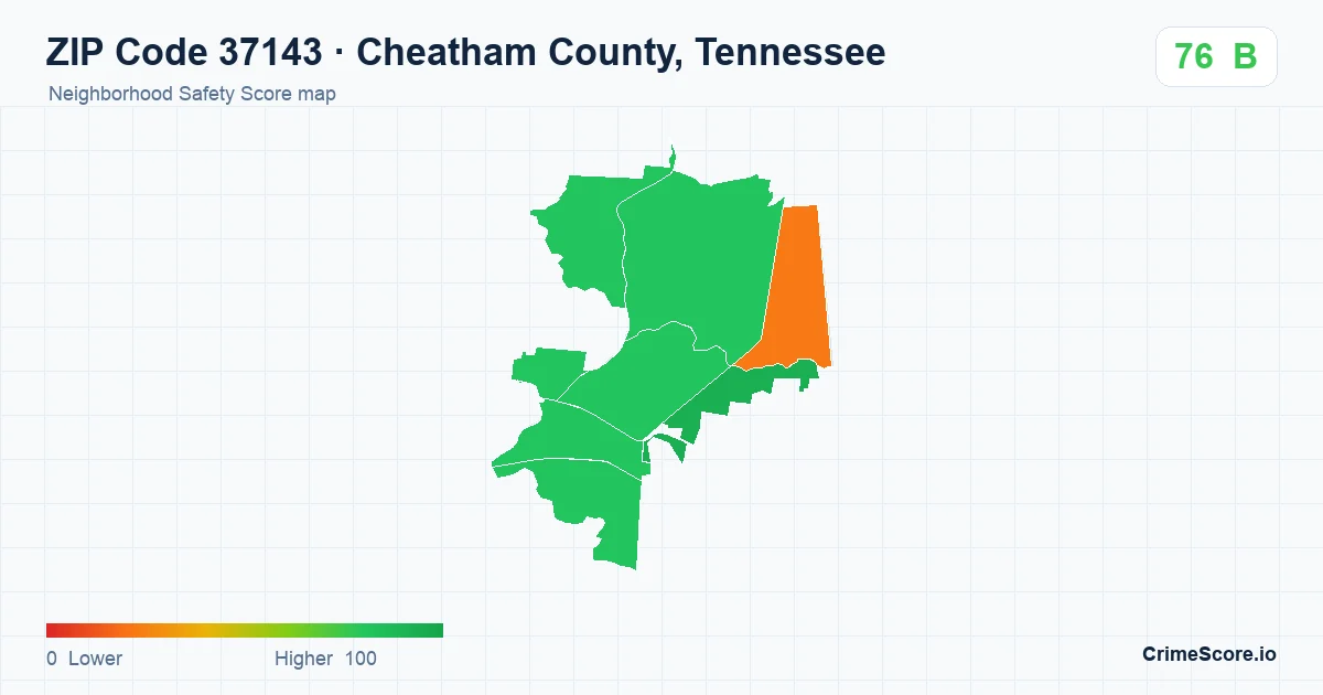 ZIP Code 37143 in Cheatham County, Tennessee neighborhood Safety Score map