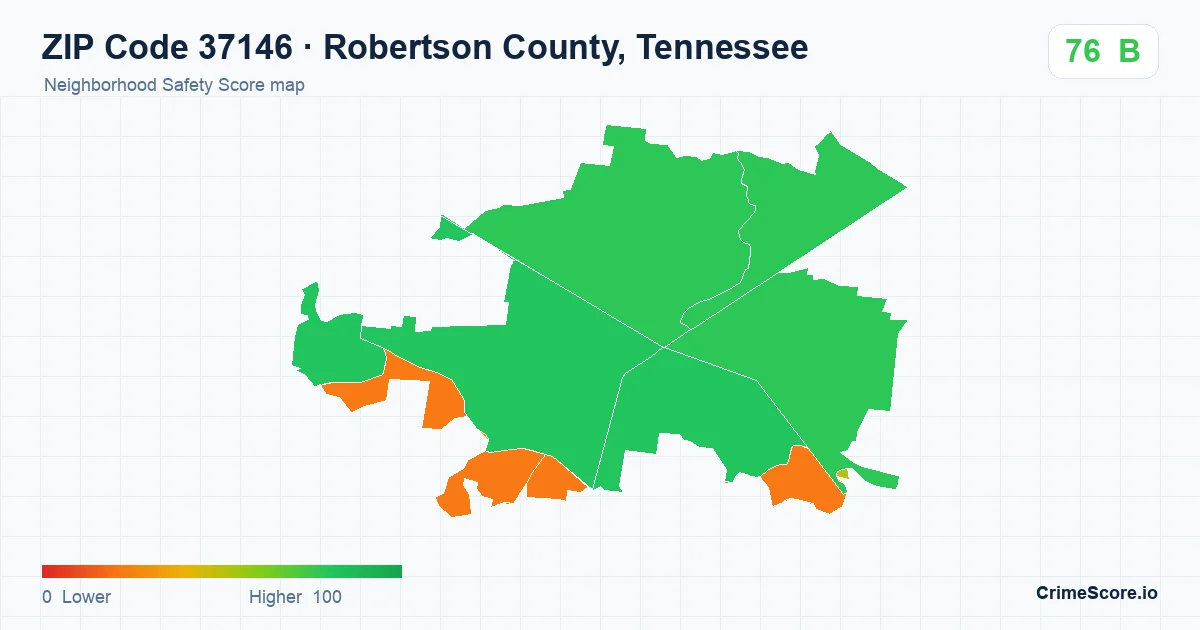 ZIP Code 37146 in Robertson County, Tennessee neighborhood Safety Score map