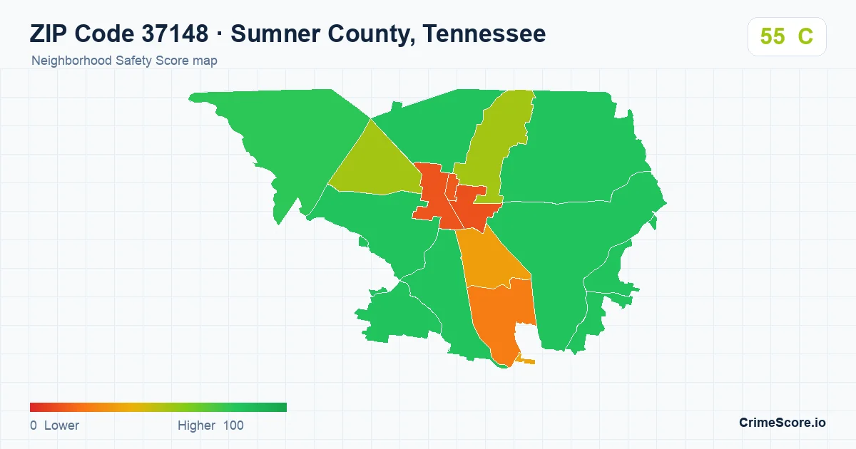 ZIP Code 37148 in Sumner County, Tennessee neighborhood Safety Score map