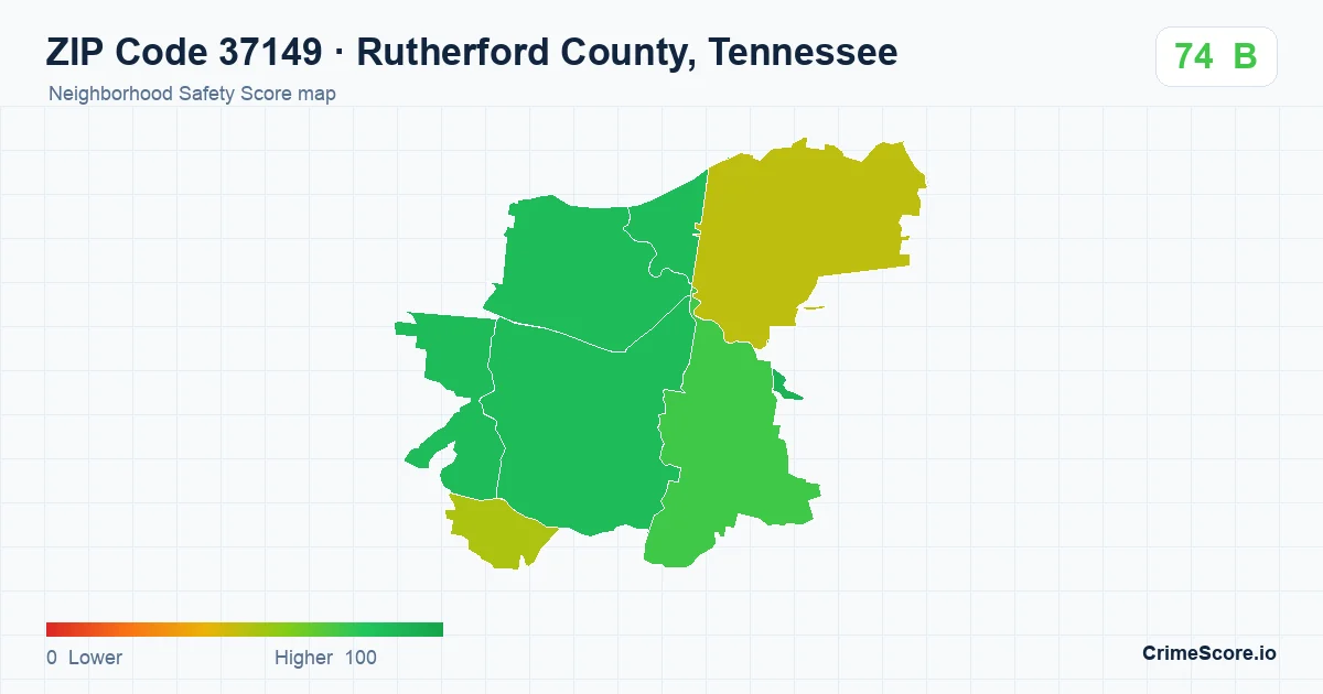 ZIP Code 37149 in Rutherford County, Tennessee neighborhood Safety Score map