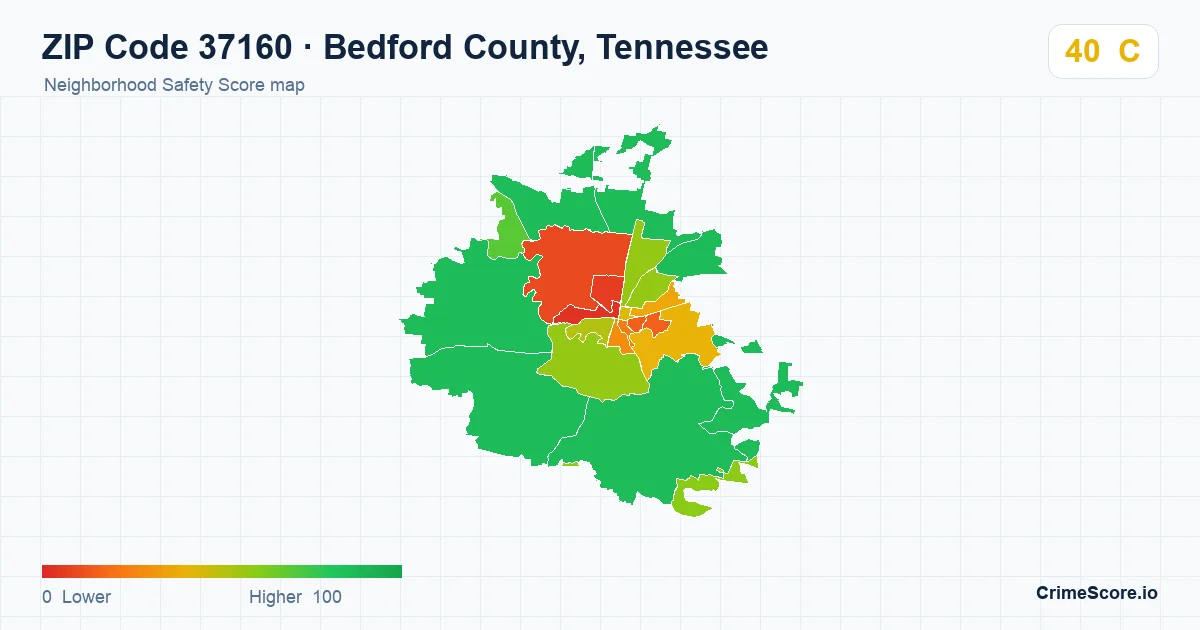 ZIP Code 37160 in Bedford County, Tennessee neighborhood Safety Score map