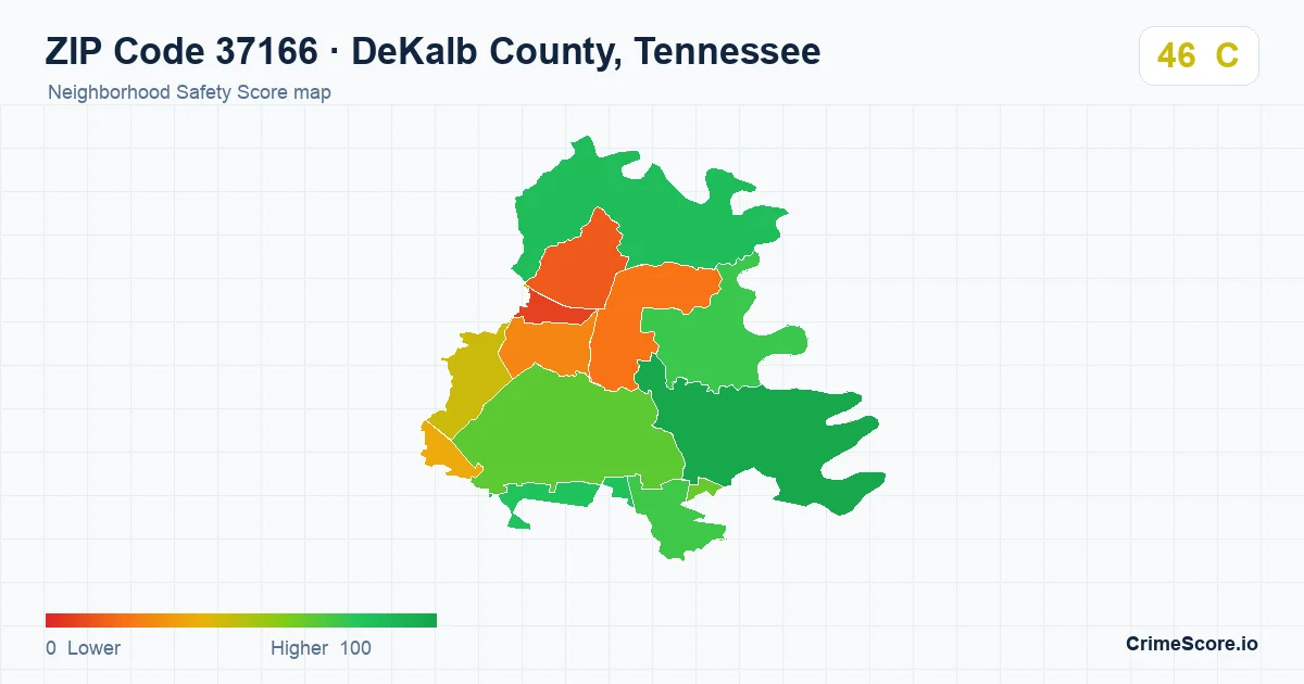 ZIP Code 37166 in DeKalb County, Tennessee neighborhood Safety Score map