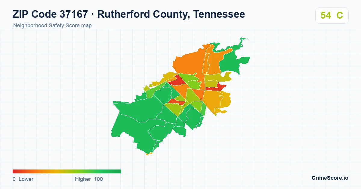 ZIP Code 37167 in Rutherford County, Tennessee neighborhood Safety Score map