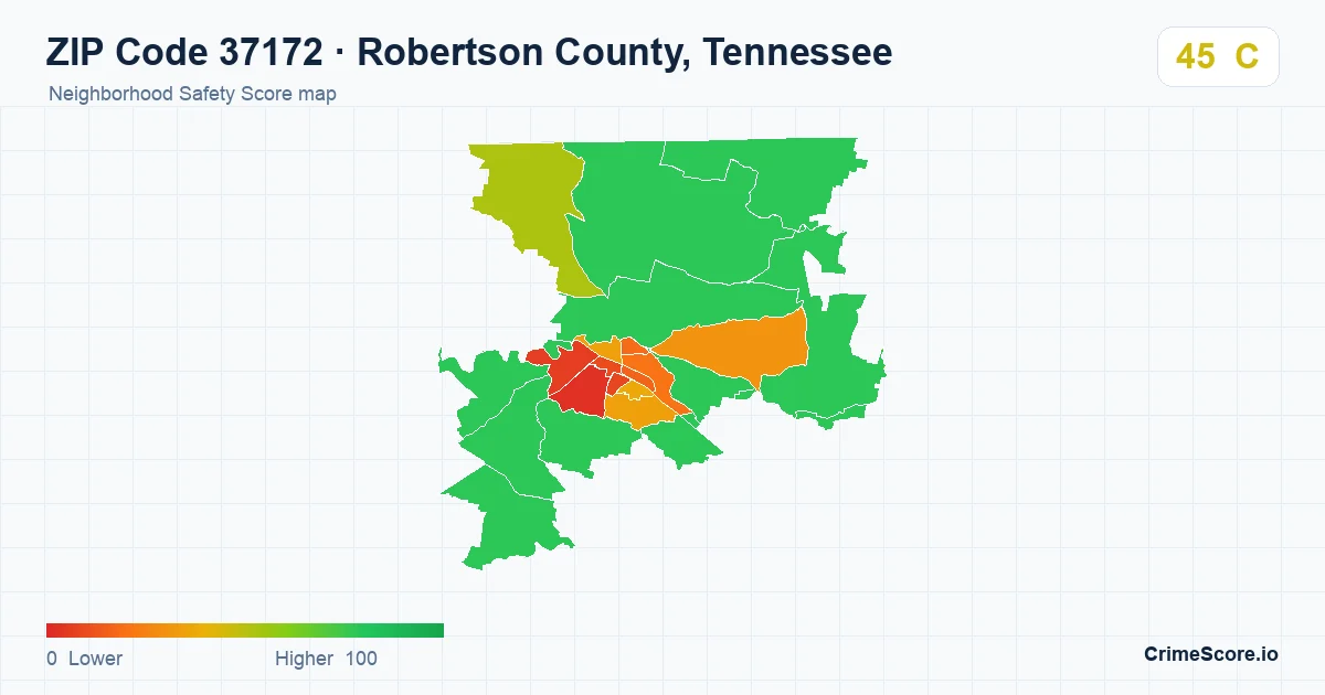 ZIP Code 37172 in Robertson County, Tennessee neighborhood Safety Score map