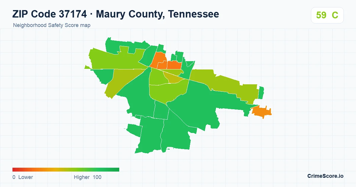 ZIP Code 37174 in Maury County, Tennessee neighborhood Safety Score map