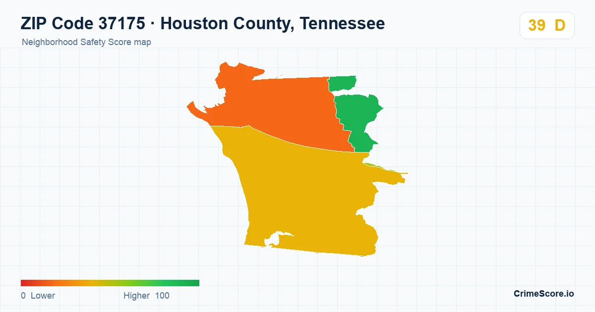 ZIP Code 37175 in Houston County, Tennessee neighborhood Safety Score map