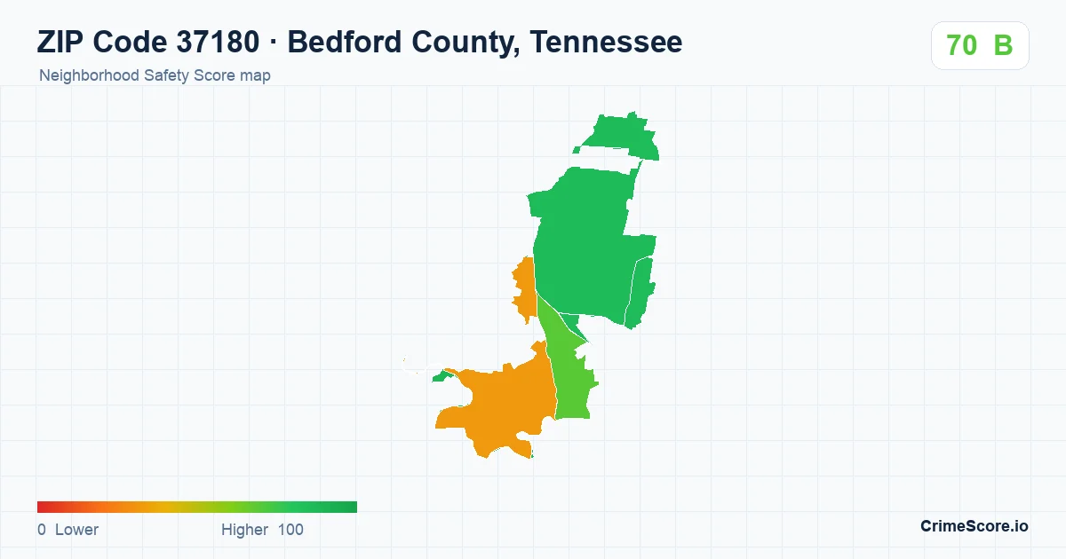 ZIP Code 37180 in Bedford County, Tennessee neighborhood Safety Score map