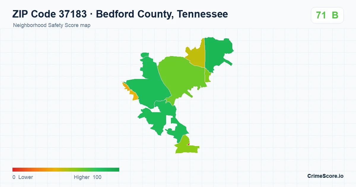 ZIP Code 37183 in Bedford County, Tennessee neighborhood Safety Score map