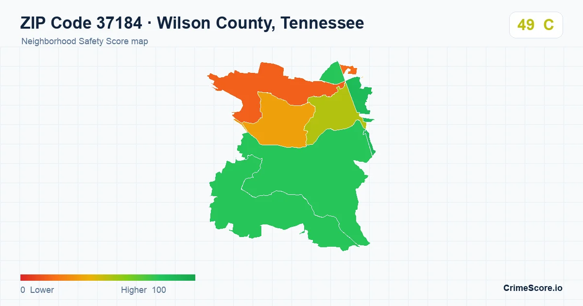 ZIP Code 37184 in Wilson County, Tennessee neighborhood Safety Score map