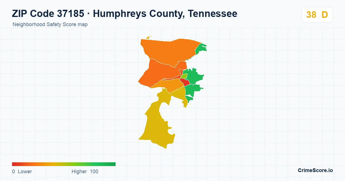 ZIP Code 37185 in Humphreys County, Tennessee neighborhood Safety Score map