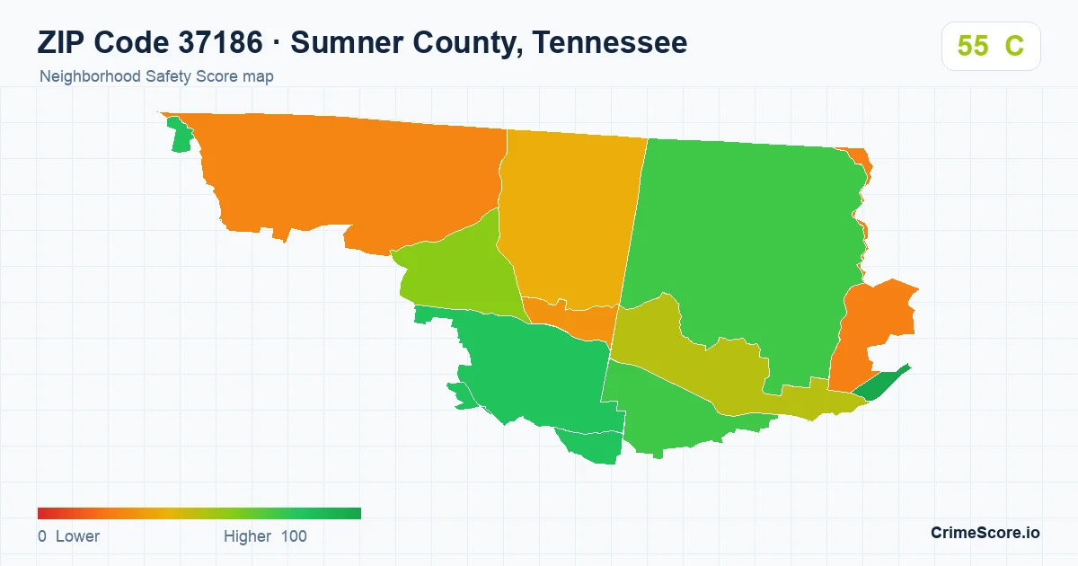 ZIP Code 37186 in Sumner County, Tennessee neighborhood Safety Score map