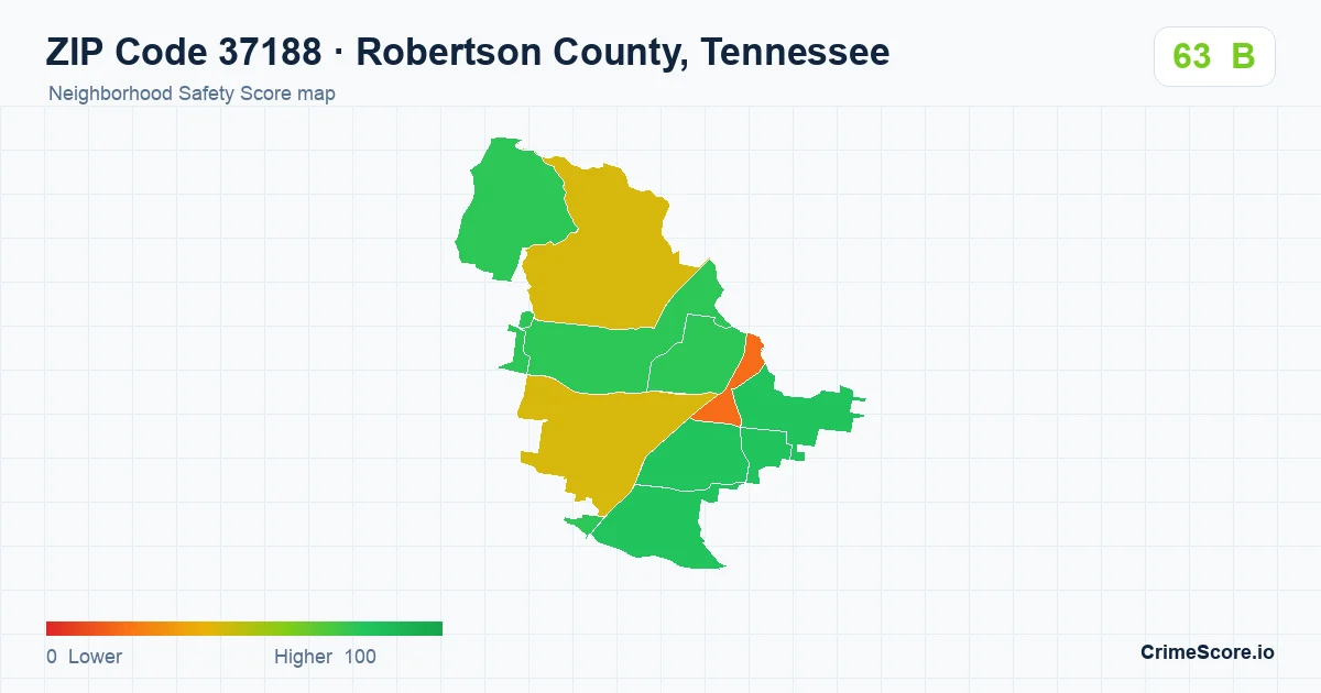 ZIP Code 37188 in Robertson County, Tennessee neighborhood Safety Score map