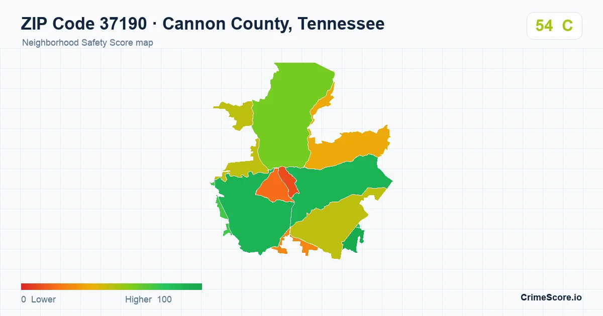 ZIP Code 37190 in Cannon County, Tennessee neighborhood Safety Score map