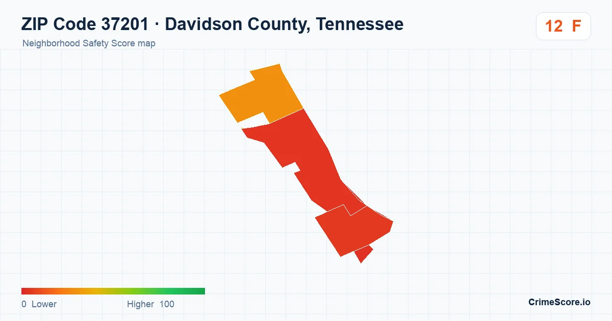 ZIP Code 37201 in Davidson County, Tennessee neighborhood Safety Score map