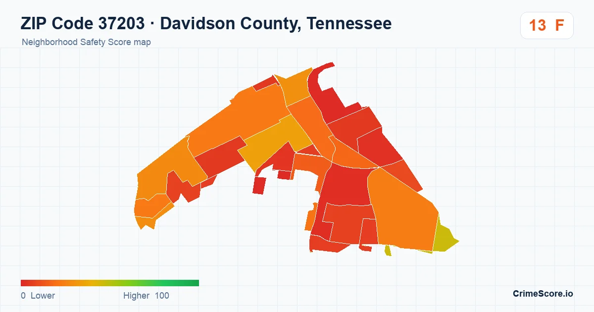 ZIP Code 37203 in Davidson County, Tennessee neighborhood Safety Score map