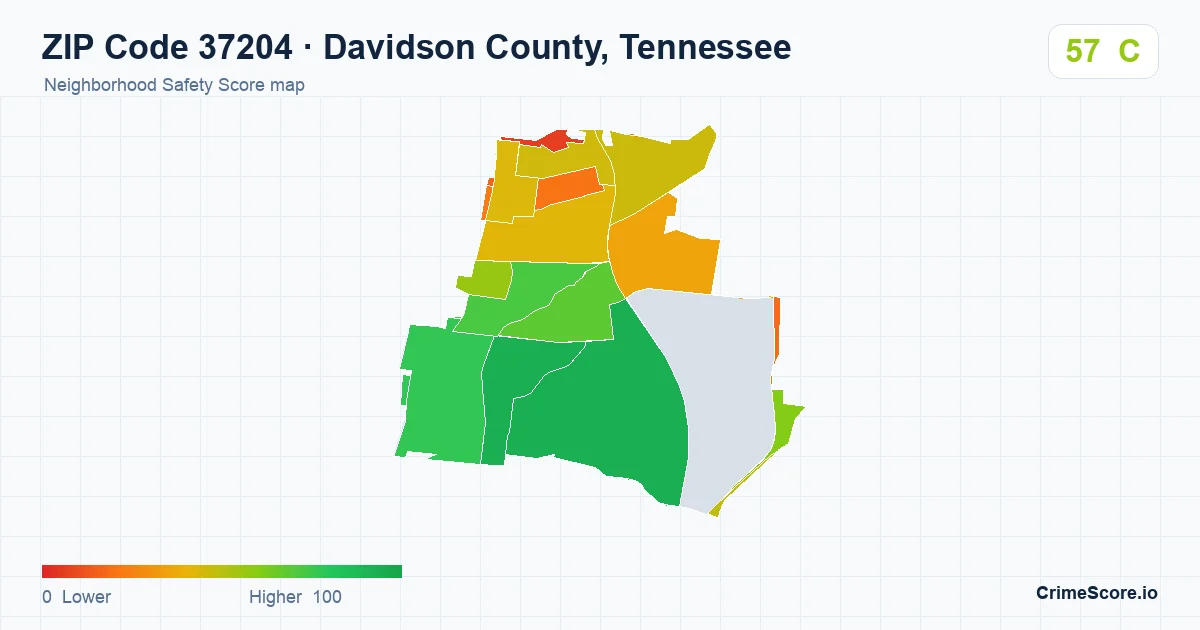 ZIP Code 37204 in Davidson County, Tennessee neighborhood Safety Score map