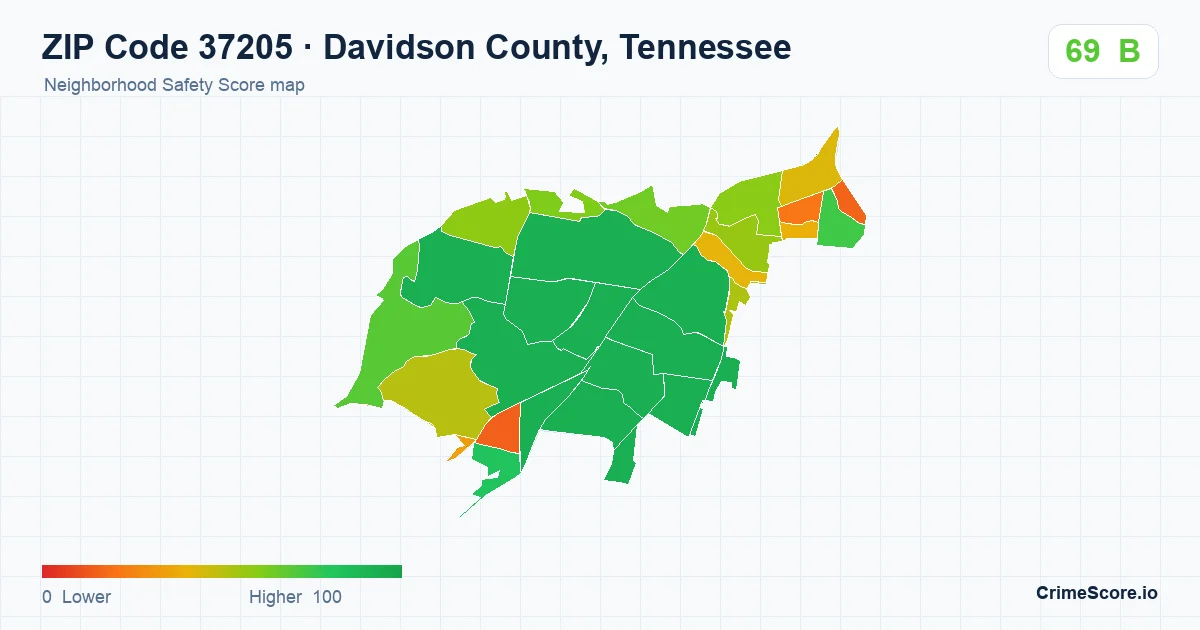 ZIP Code 37205 in Davidson County, Tennessee neighborhood Safety Score map