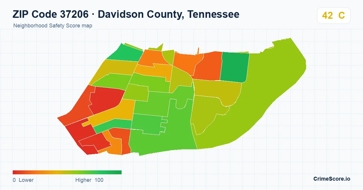 ZIP Code 37206 in Davidson County, Tennessee neighborhood Safety Score map