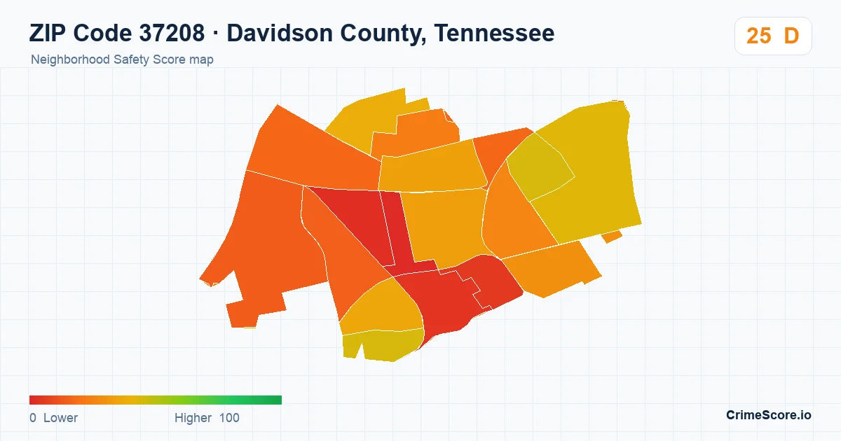 ZIP Code 37208 in Davidson County, Tennessee neighborhood Safety Score map