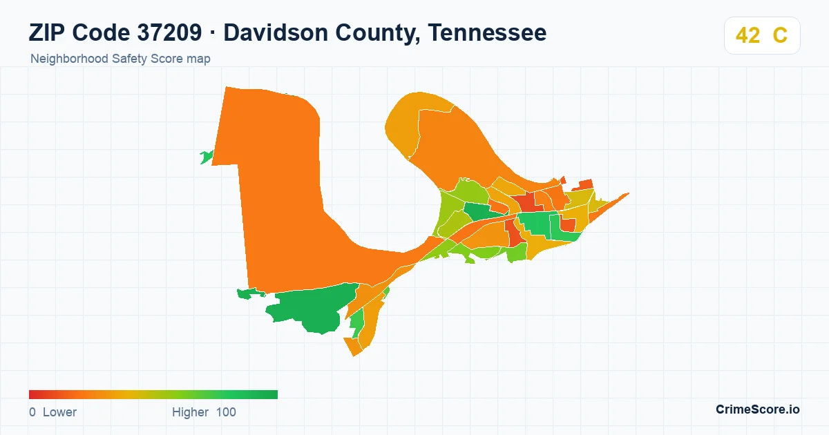 ZIP Code 37209 in Davidson County, Tennessee neighborhood Safety Score map
