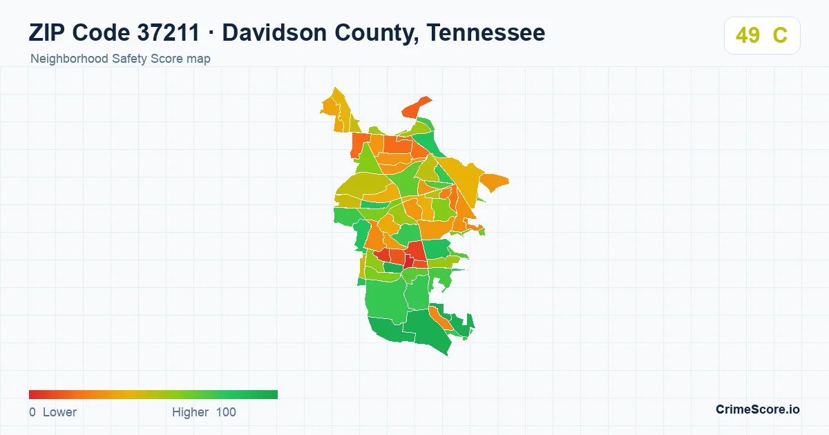 ZIP Code 37211 in Davidson County, Tennessee neighborhood Safety Score map