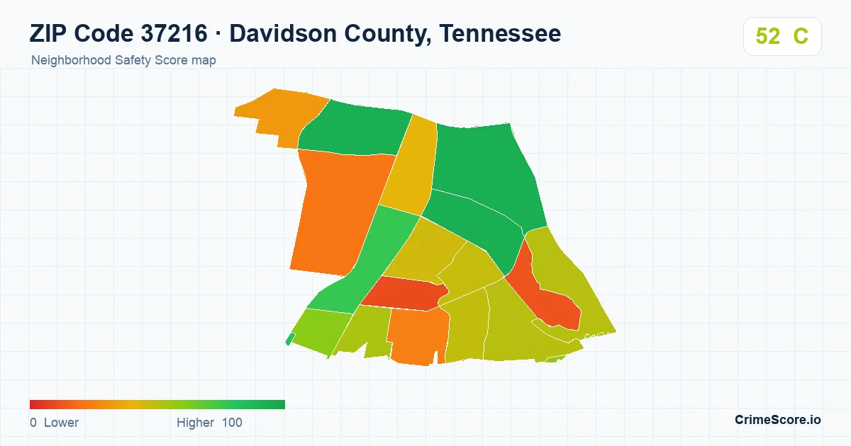 ZIP Code 37216 in Davidson County, Tennessee neighborhood Safety Score map