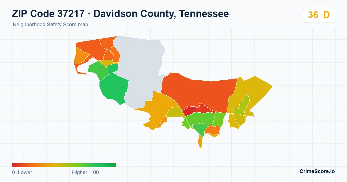 ZIP Code 37217 in Davidson County, Tennessee neighborhood Safety Score map