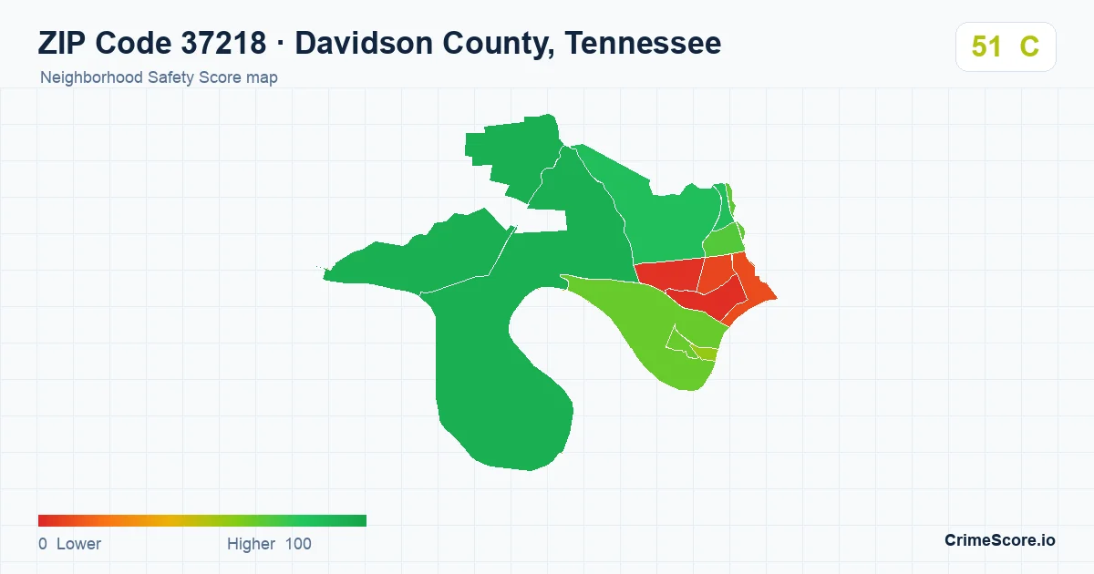ZIP Code 37218 in Davidson County, Tennessee neighborhood Safety Score map