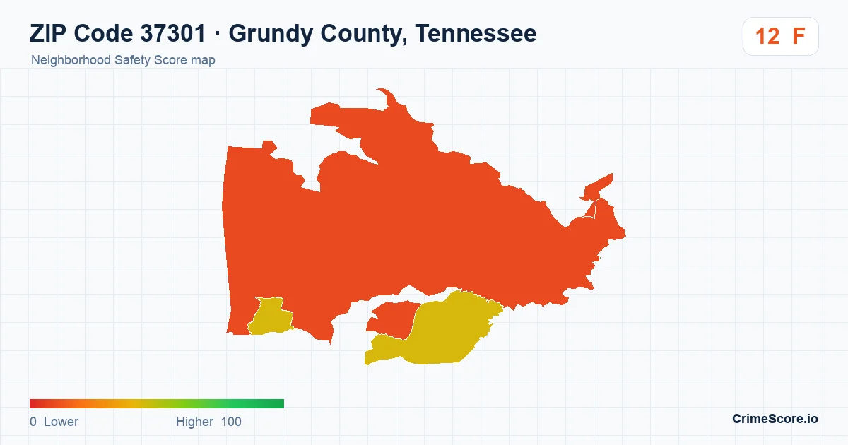ZIP Code 37301 in Grundy County, Tennessee neighborhood Safety Score map