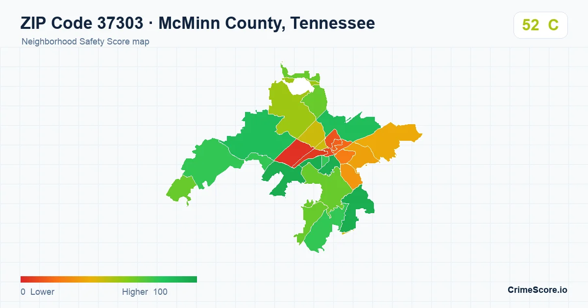 ZIP Code 37303 in McMinn County, Tennessee neighborhood Safety Score map