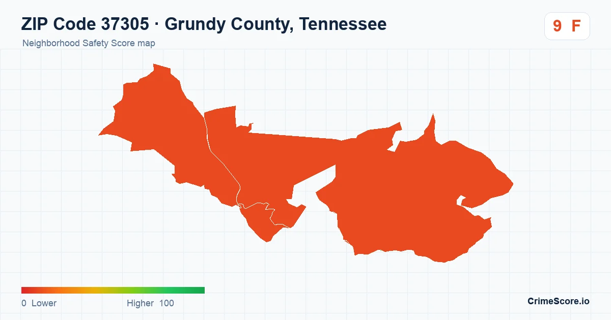 ZIP Code 37305 in Grundy County, Tennessee neighborhood Safety Score map