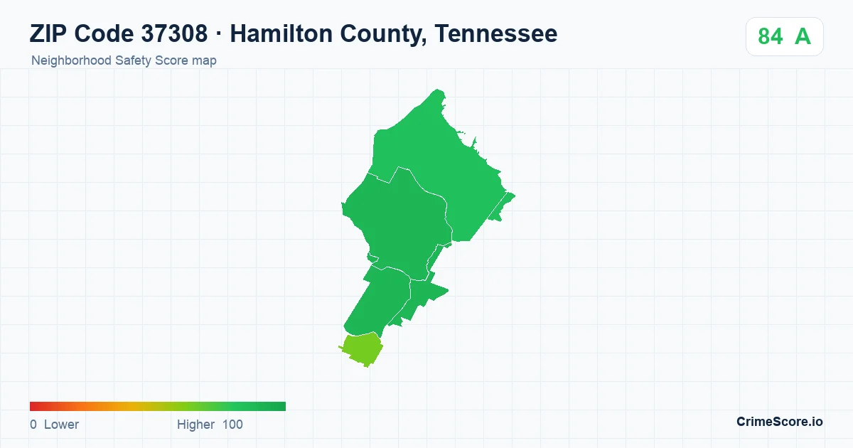 ZIP Code 37308 in Hamilton County, Tennessee neighborhood Safety Score map