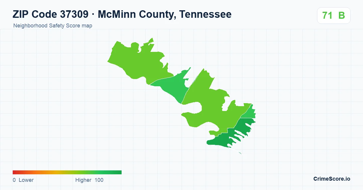 ZIP Code 37309 in McMinn County, Tennessee neighborhood Safety Score map
