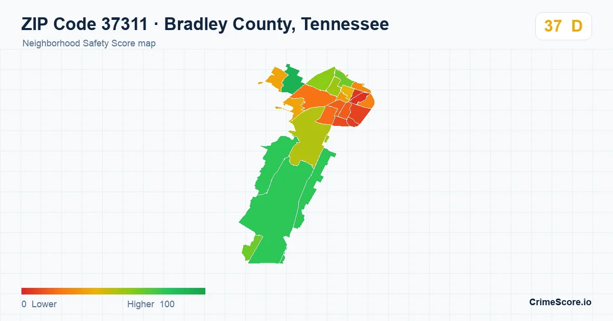 ZIP Code 37311 in Bradley County, Tennessee neighborhood Safety Score map