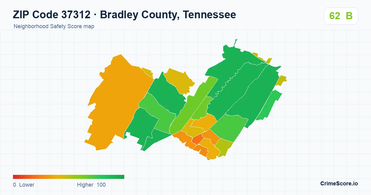 ZIP Code 37312 in Bradley County, Tennessee neighborhood Safety Score map