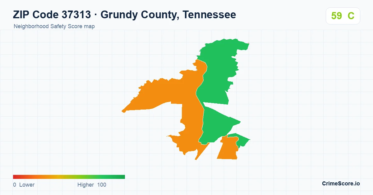 ZIP Code 37313 in Grundy County, Tennessee neighborhood Safety Score map