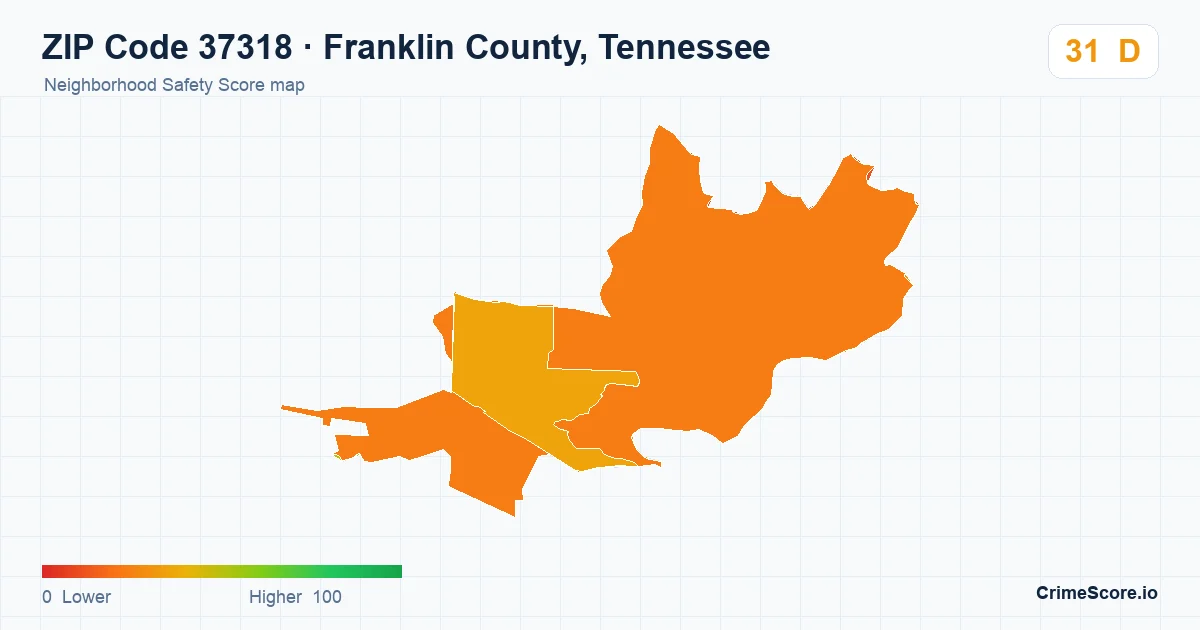 ZIP Code 37318 in Franklin County, Tennessee neighborhood Safety Score map