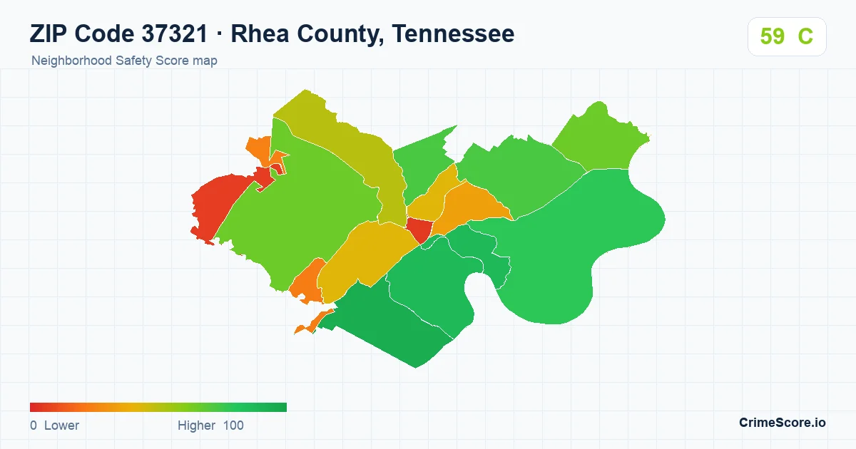 ZIP Code 37321 in Rhea County, Tennessee neighborhood Safety Score map