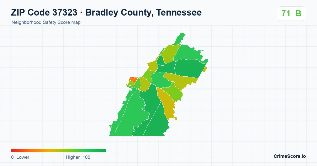 ZIP Code 37323 in Bradley County, Tennessee neighborhood Safety Score map