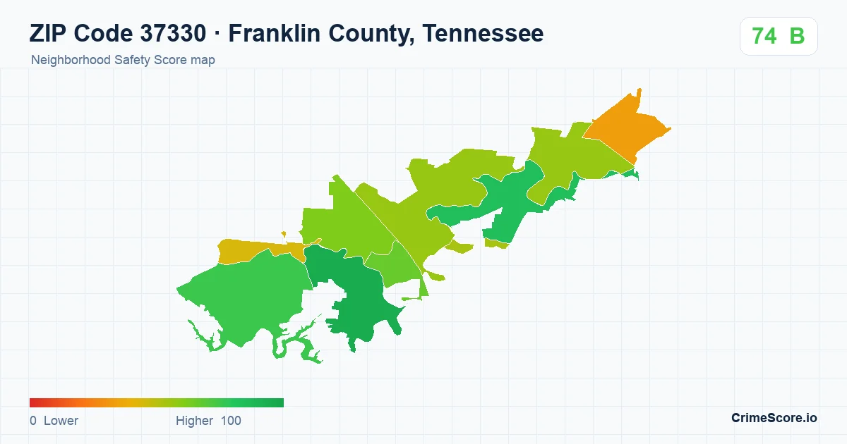 ZIP Code 37330 in Franklin County, Tennessee neighborhood Safety Score map