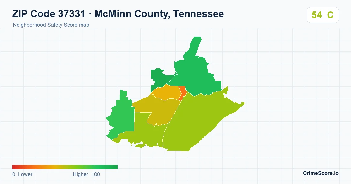ZIP Code 37331 in McMinn County, Tennessee neighborhood Safety Score map