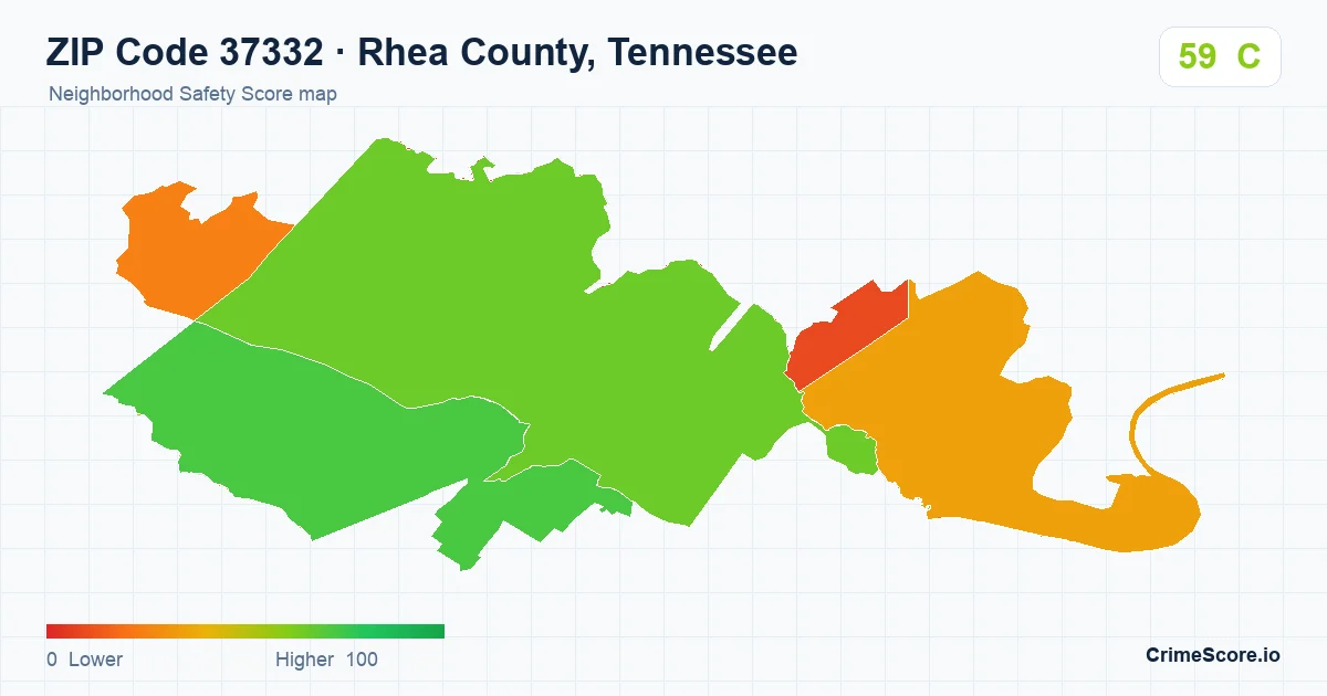 ZIP Code 37332 in Rhea County, Tennessee neighborhood Safety Score map