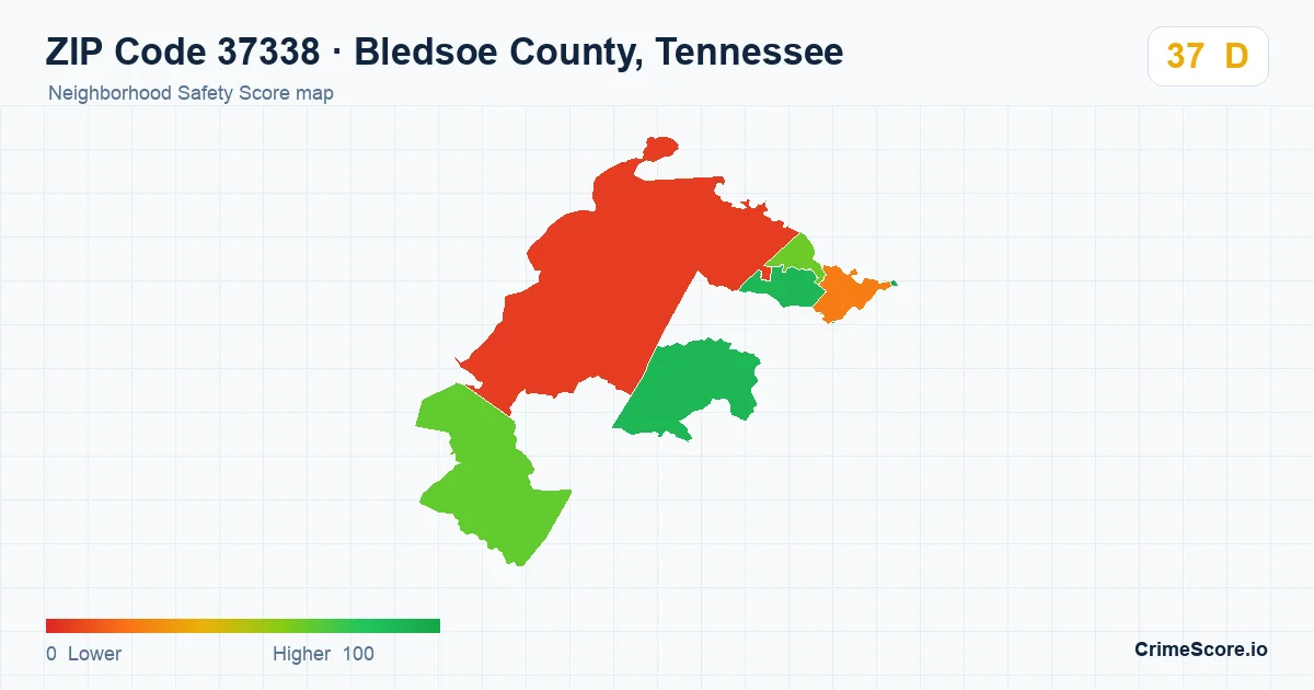 ZIP Code 37338 in Bledsoe County, Tennessee neighborhood Safety Score map