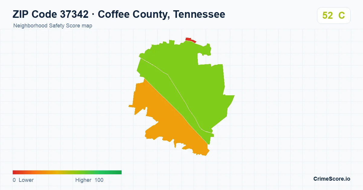 ZIP Code 37342 in Coffee County, Tennessee neighborhood Safety Score map