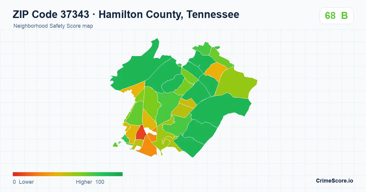 ZIP Code 37343 in Hamilton County, Tennessee neighborhood Safety Score map