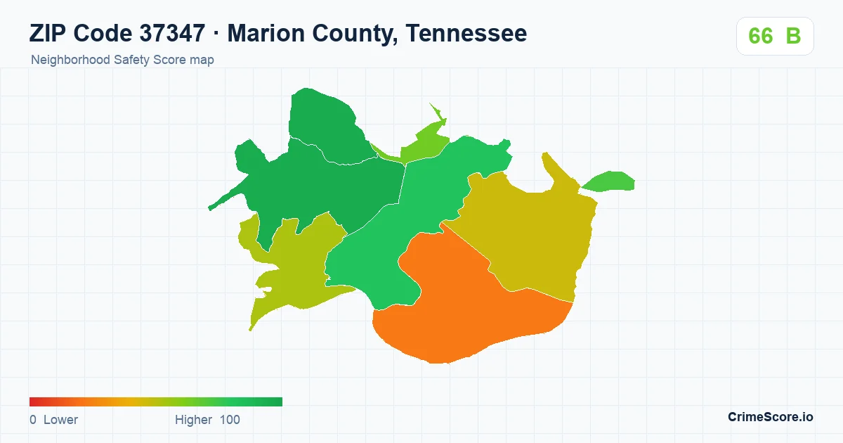 ZIP Code 37347 in Marion County, Tennessee neighborhood Safety Score map