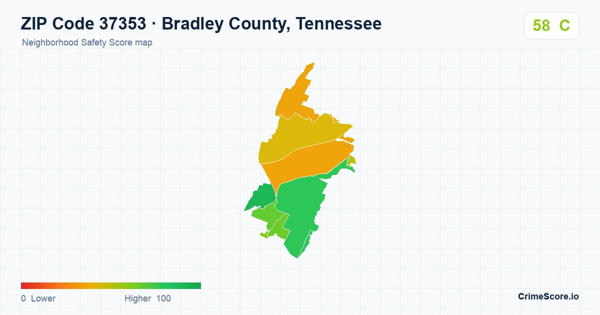 ZIP Code 37353 in Bradley County, Tennessee neighborhood Safety Score map