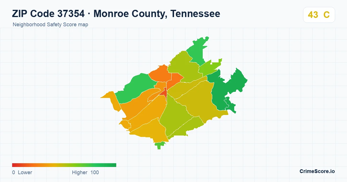 ZIP Code 37354 in Monroe County, Tennessee neighborhood Safety Score map