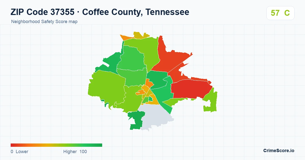 ZIP Code 37355 in Coffee County, Tennessee neighborhood Safety Score map